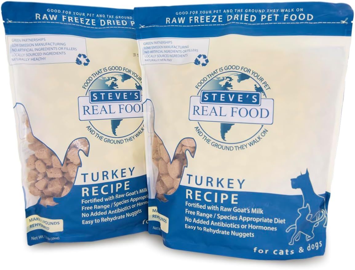 Steve's Real Food Freeze-Dried Raw Food Diet for Dogs and Cats, 2-Pack, Turkey Recipe, 1.25 lbs in Each Bag, Made in The USA, Pour and Serve