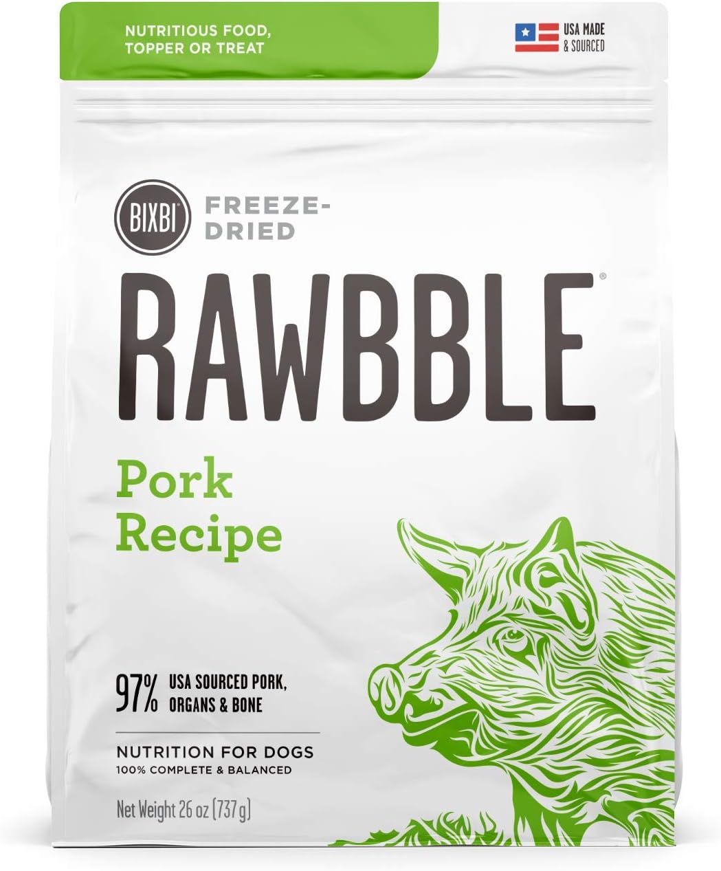 BIXBI Rawbble Freeze Dried Dog Food, Pork Recipe, 26 Oz - 97% Meat And Organs, No Fillers - Pantry-Friendly Raw Dog Food For Meal, Treat Or