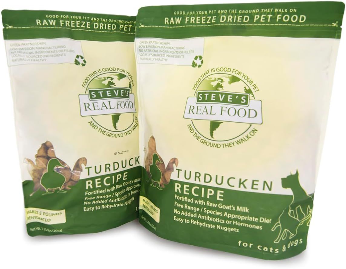 Steve's Real Food Freeze-Dried Raw Food Diet for Dogs and Cats, 2-Pack, Turducken Recipe (Turkey & Duck), 1.25 lbs in Each Bag, Made in The