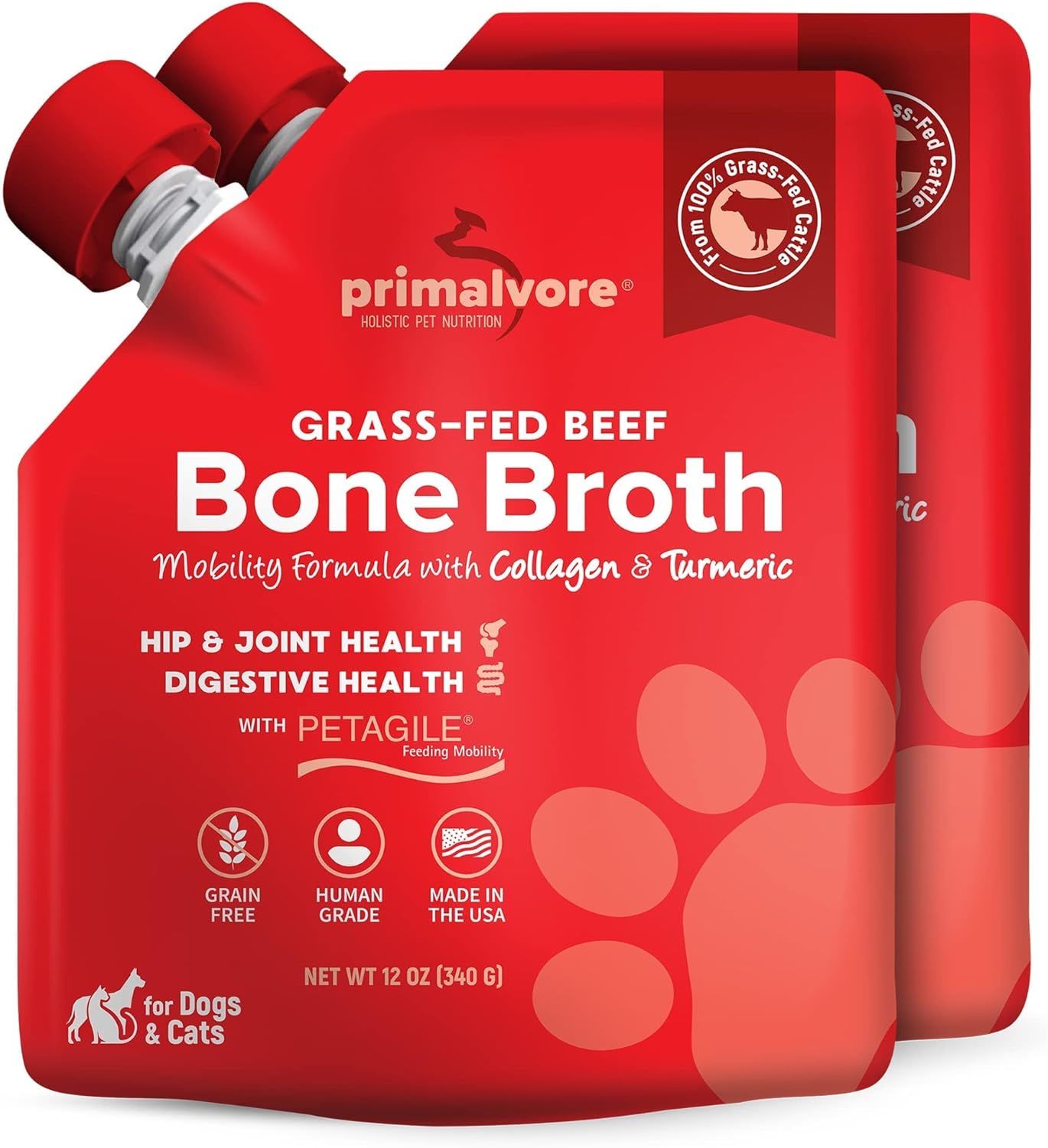 Primalvore Grass-Fed Beef Bone Broth for Dogs &Cats, Mobility Formula w/Collagen Peptides to Help Support Hip & Joints, Digestion, Skin & Co