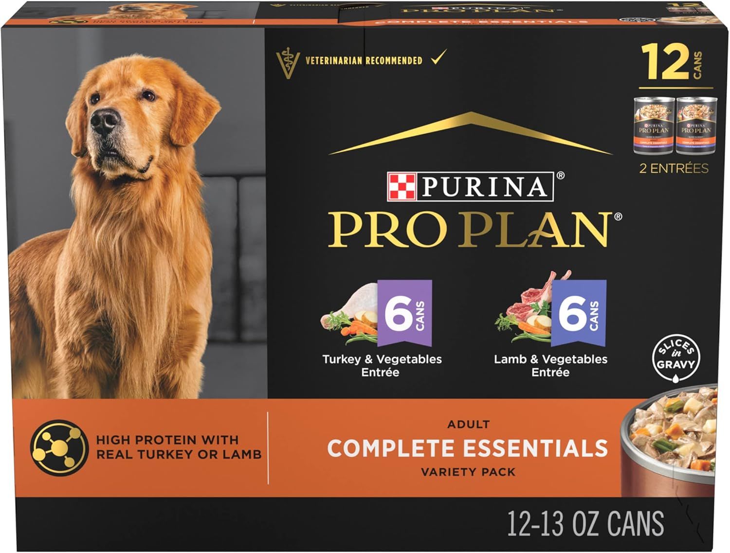 Purina Pro Plan Complete Essentials Lamb and Vegetables and Turkey and Vegetables Slices in Gravy 12ct High Protein Wet Dog Food Variety Pac