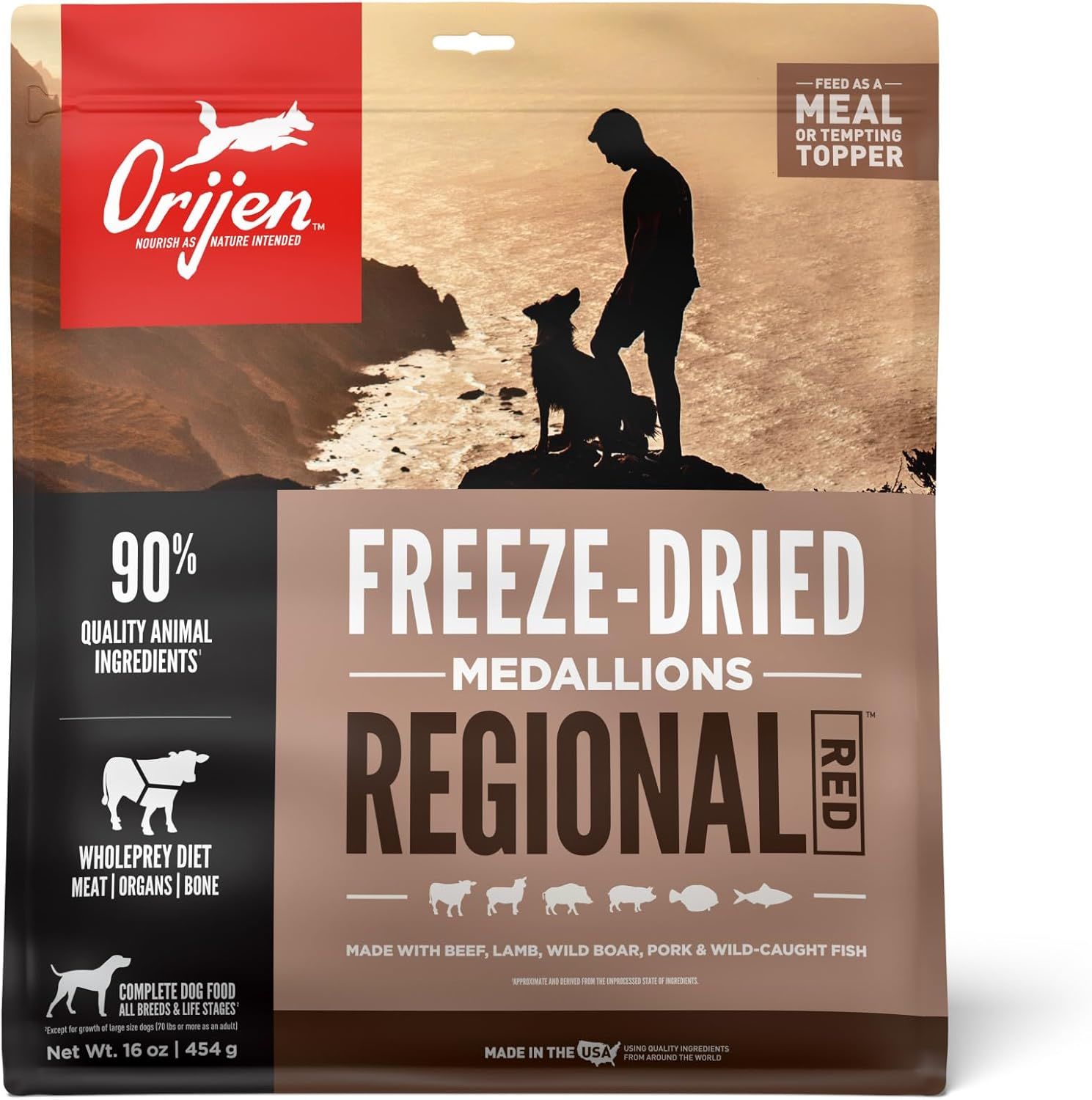 ORIJEN REGIONAL RED Freeze Dried Medallions Dog Food & Topper, Grain Free Dog Food, WholePrey Ingredients, 16oz