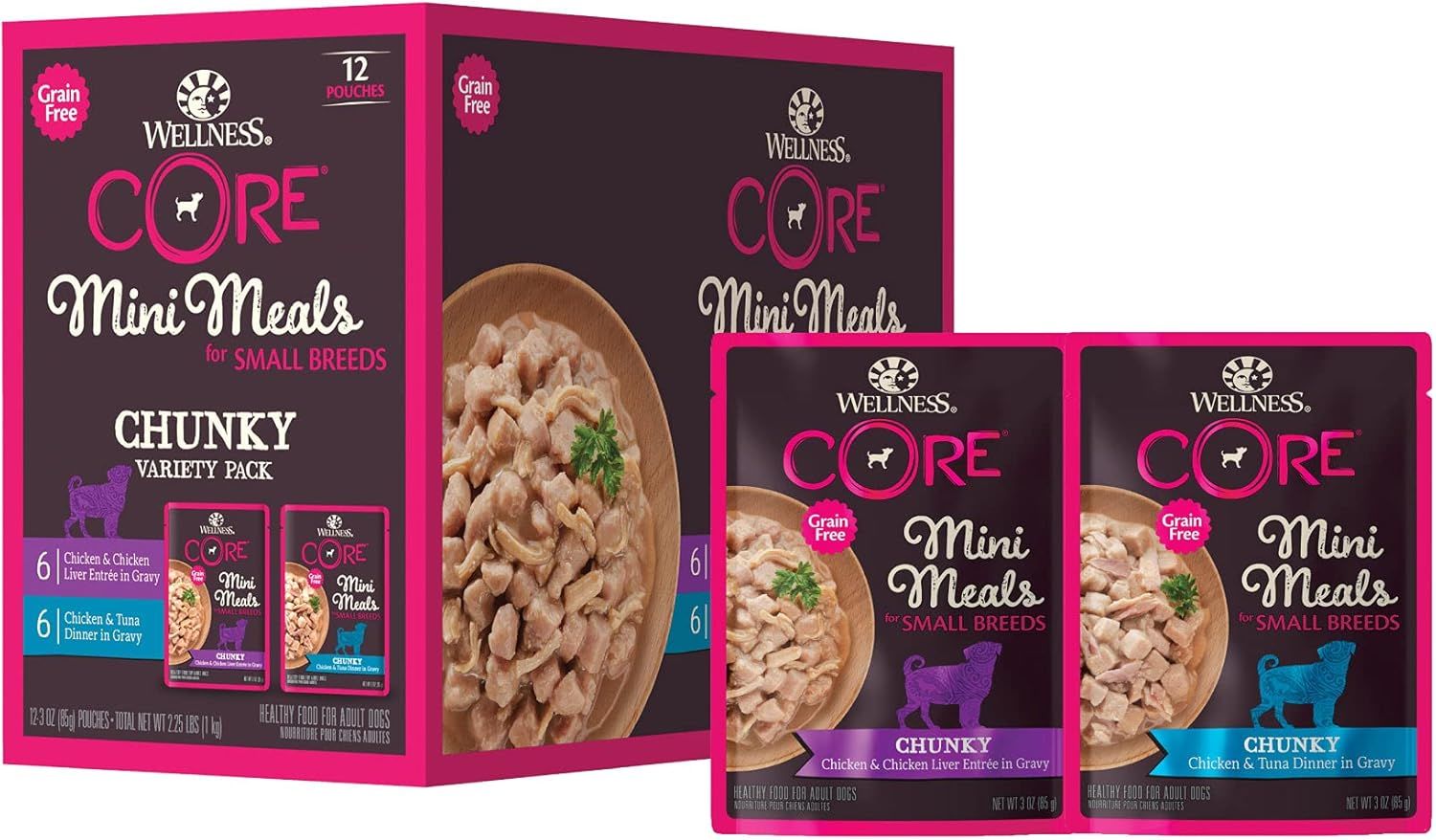 Wellness Core Grain Free Small Breed Mini Meals Chunky Variety Pack, 3 oz (Pack of 12