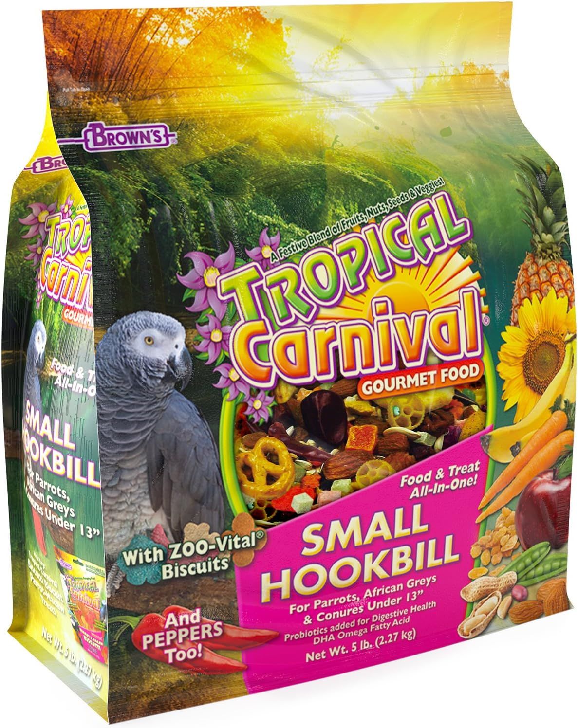 F.M. Brown's Tropical Carnival Gourmet Bird Food for Parrots, African Greys, and Conures Under 13", Probiotics for Digestive Health, Vitamin