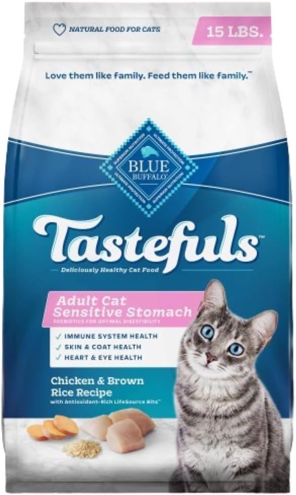 Blue Buffalo Tastefuls Natural Dry Food for Adult Cats, Sensitive Stomach, Chicken & Brown Rice Recipe, 15-lb. Bag