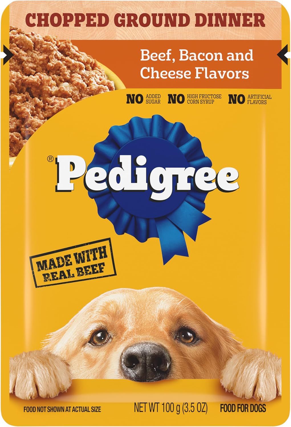 PEDIGREE CHOPPED GROUND DINNER Adult Soft Wet Dog Food, Beef, Bacon & Cheese Flavors, 3.5 oz Pouches, 16 Pack