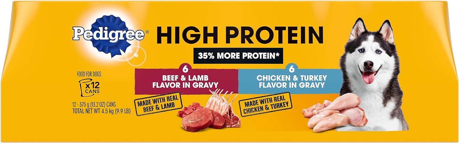 PEDIGREE High Protein Adult Canned Wet Dog Food Variety Pack, Chicken & Turkey Flavor in Gravy and Beef & Lamb Flavor in Gravy,13.2 Oz Cans