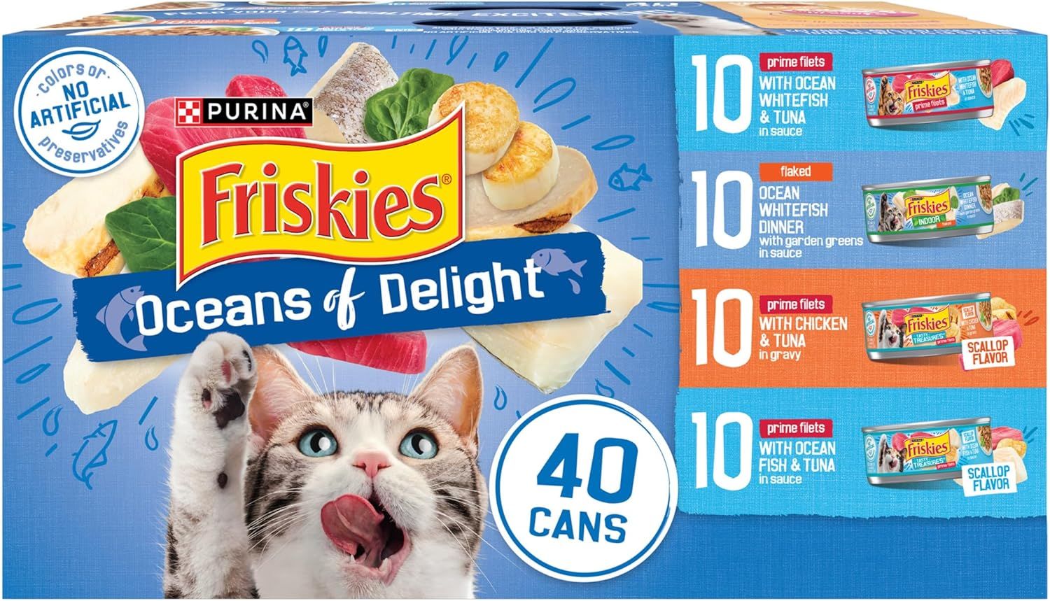 Purina Friskies Wet Cat Food Variety Pack, Oceans of Delight Flaked and Prime Filets - 5.5 Ounce (Pack of 40